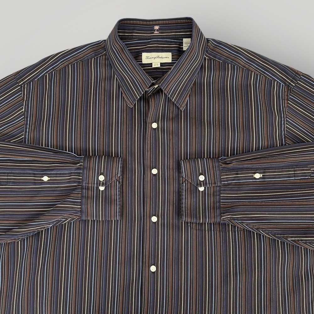 Tommy Bahama Shirt Mens Button Brown Size 17.5 34/35 Long Sleeve Egyptian Cotton